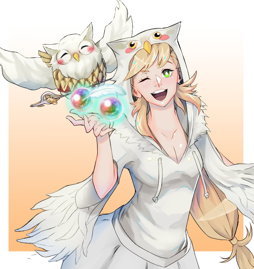1girl, art_cerealex, bird, blonde_hair, blush, braid, breasts, feh_(fire_emblem_heroes), fire_emblem, fire_emblem_heroes, green_eyes, highres, long_hair, looking_at_viewer, one_eye_closed, open_mouth, orb, owl, sharena, simple_background, smile, solo, white_background