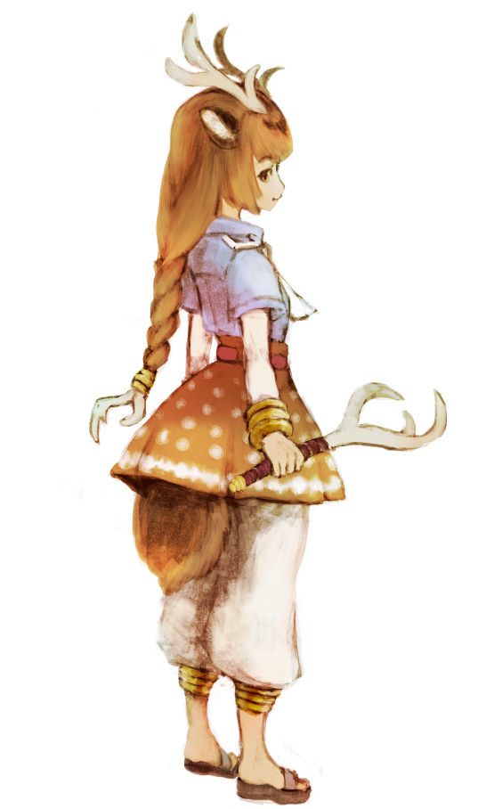 1girl, animal_ears, antler_sai, antlers, axis_deer_(kemono_friends), baggy_pants, blue_shirt, bracelet