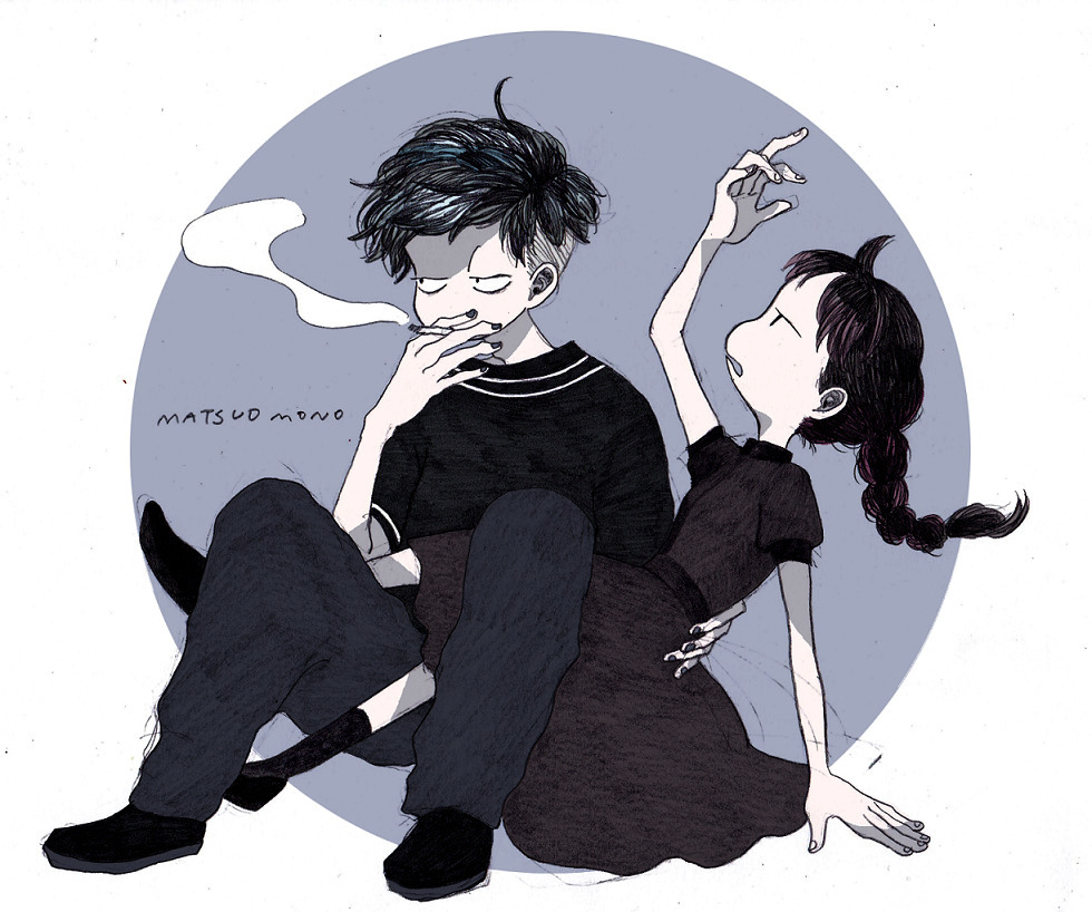 1boy, 1girl, ankle_socks, baggy_pants, bangs, black_hair, braided_ponytail, cigarette