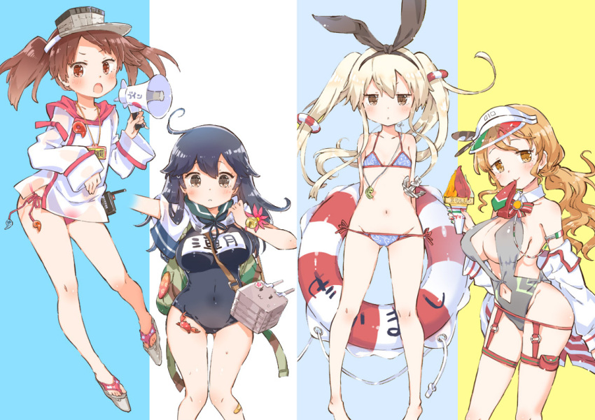 4girls, adapted_costume, alternate_hairstyle, anchor_hair_ornament, bag, bandaid, bell, between_breasts