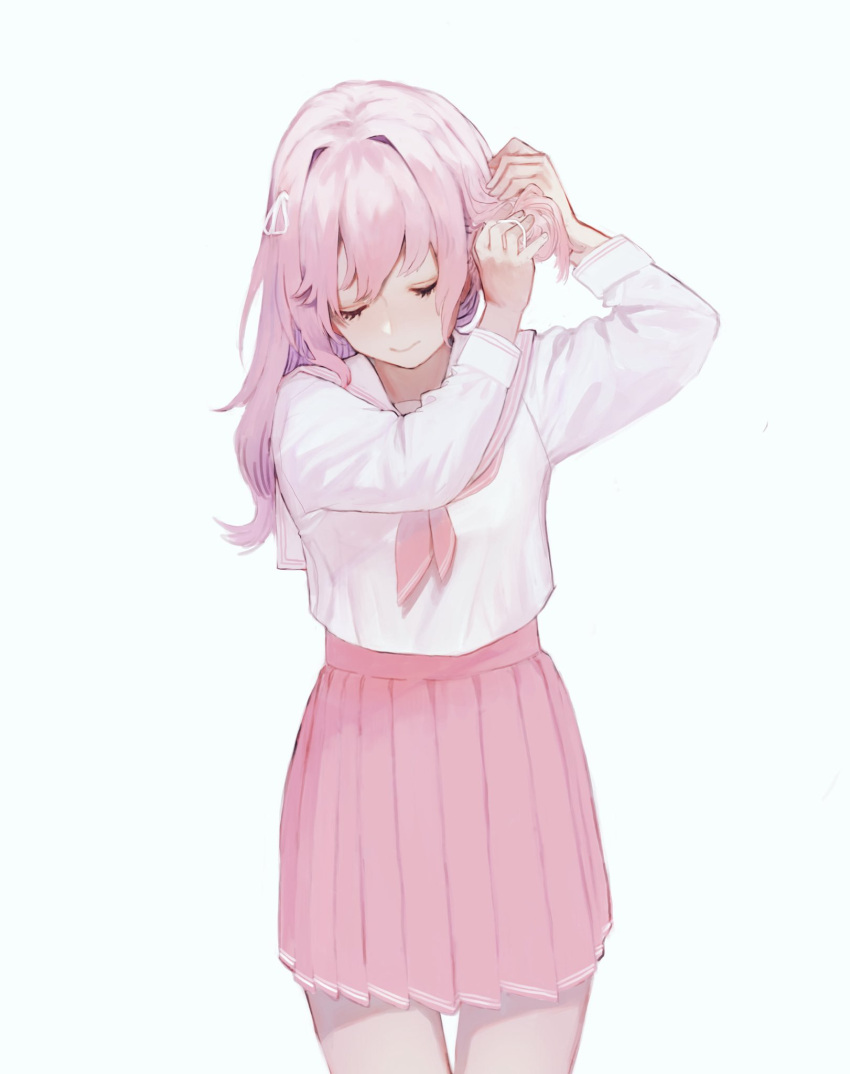 1girl, bow, closed_eyes, heoningu, highres, long_hair, long_sleeves, miniskirt