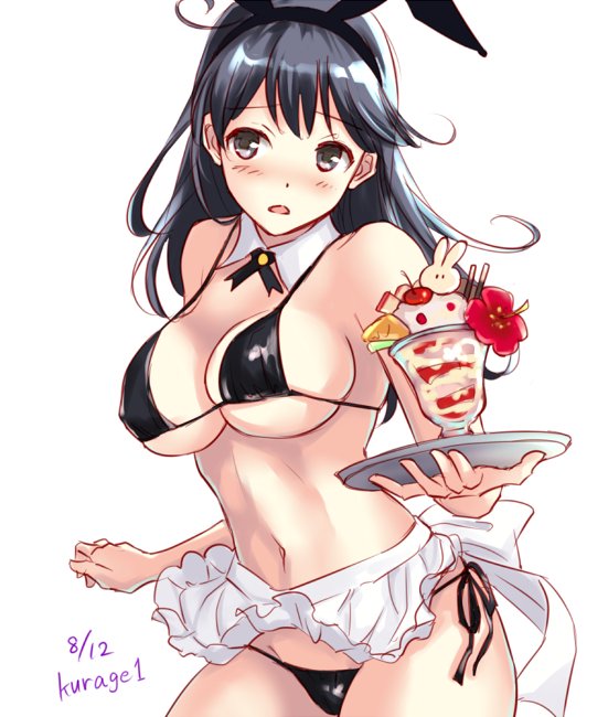 1girl, animal_ears, bikini, black_bikini, black_hair, blush, breasts, commentary_request, detached_collar, eyebrows_visible_through_hair, fake_animal_ears, food, grey_hair, ice_cream, kantai_collection, kurage1, long_hair, looking_at_viewer, open_mouth, rabbit_ears, simple_background, solo, swimsuit, tray, ushio_(kantai_collection), white_background
