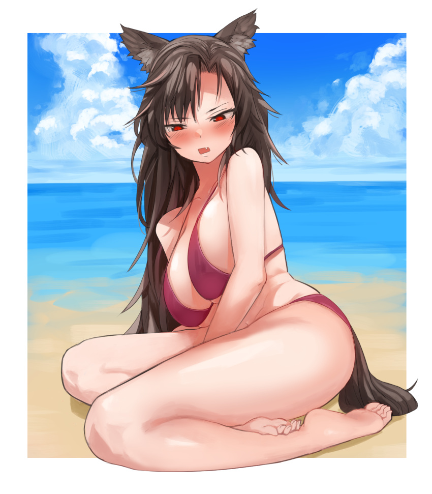 1girl, animal_ears, bikini, blush, breasts, brown_hair, cleavage, collarbone