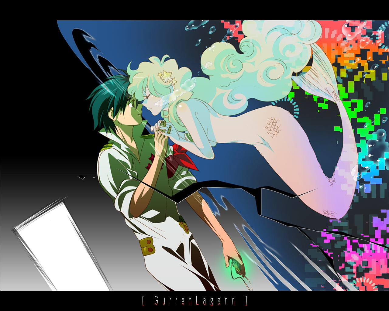 1girl, armband, bubble, bubbles, couple, curly_hair, hair_ornament, hairclip