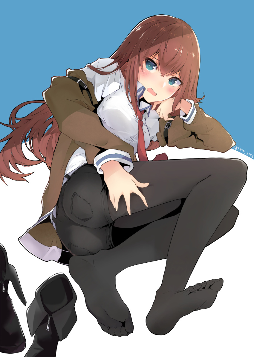 1girl, absurdres, ass, black_shorts, blue_background, blue_eyes, blush, boots_removed, breasts, brown_hair, chin_rest, collared_shirt, deep_skin, denim, denim_shorts, embarrassed, feet, fripside, full_body, grabbing_own_thigh, highres, jacket, long_hair, long_sleeves, lying, makise_kurisu, medium_breasts, necktie, off_shoulder, on_side, open_mouth, pantyhose, pantyhose_under_shorts, shirt, shoes_removed, short_shorts, shorts, simple_background, soles, solo, steins;gate, thigh_grab, toes, twitter_username, two-tone_background, white_background