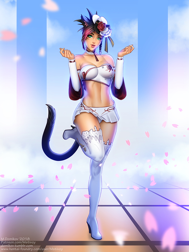 1girl, animal_ears, bandeau, black_hair, boots, breasts, cat_ears, cat_tail, choker, collarbone, commission, detached_sleeves, facial_mark, final_fantasy, final_fantasy_xiv, gradient_hair, green_eyes, hat, high_heel_boots, high_heels, large_breasts, lips, looking_at_viewer, maxim_domikov, midriff, miqo'te, multicolored_hair, parted_lips, patreon_username, petals, pleated_skirt, signature, skirt, smile, solo, standing, standing_on_one_leg, strapless, tail, thigh-highs, thigh_boots, two-tone_hair, watermark, web_address