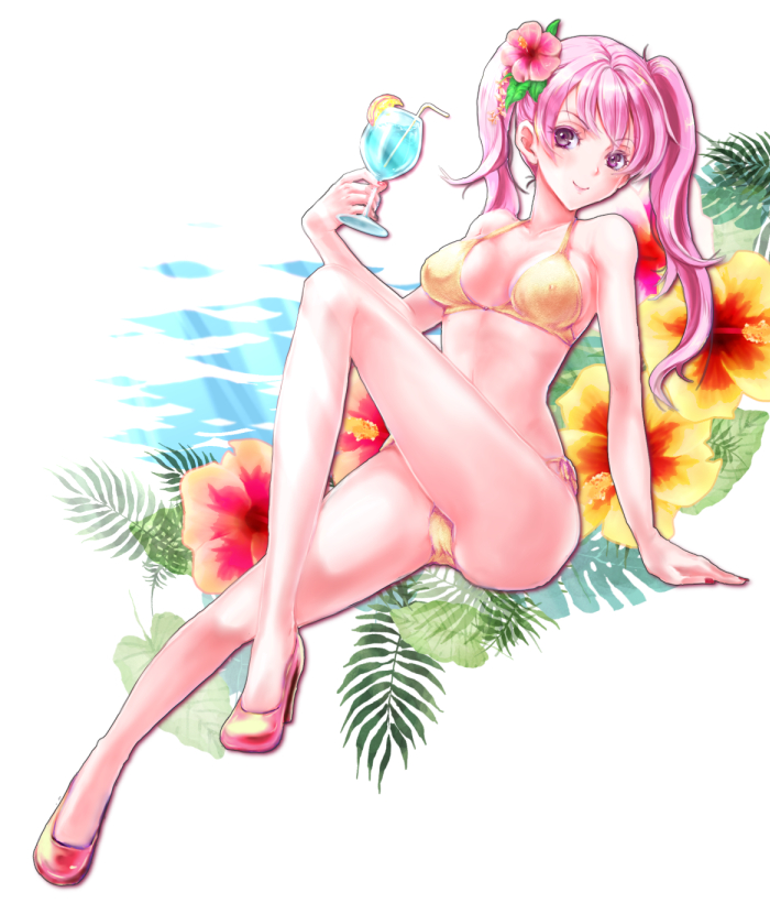 1girl, alternate_costume, bikini, breasts, cleavage, covered_nipples, cup, drinking_glass