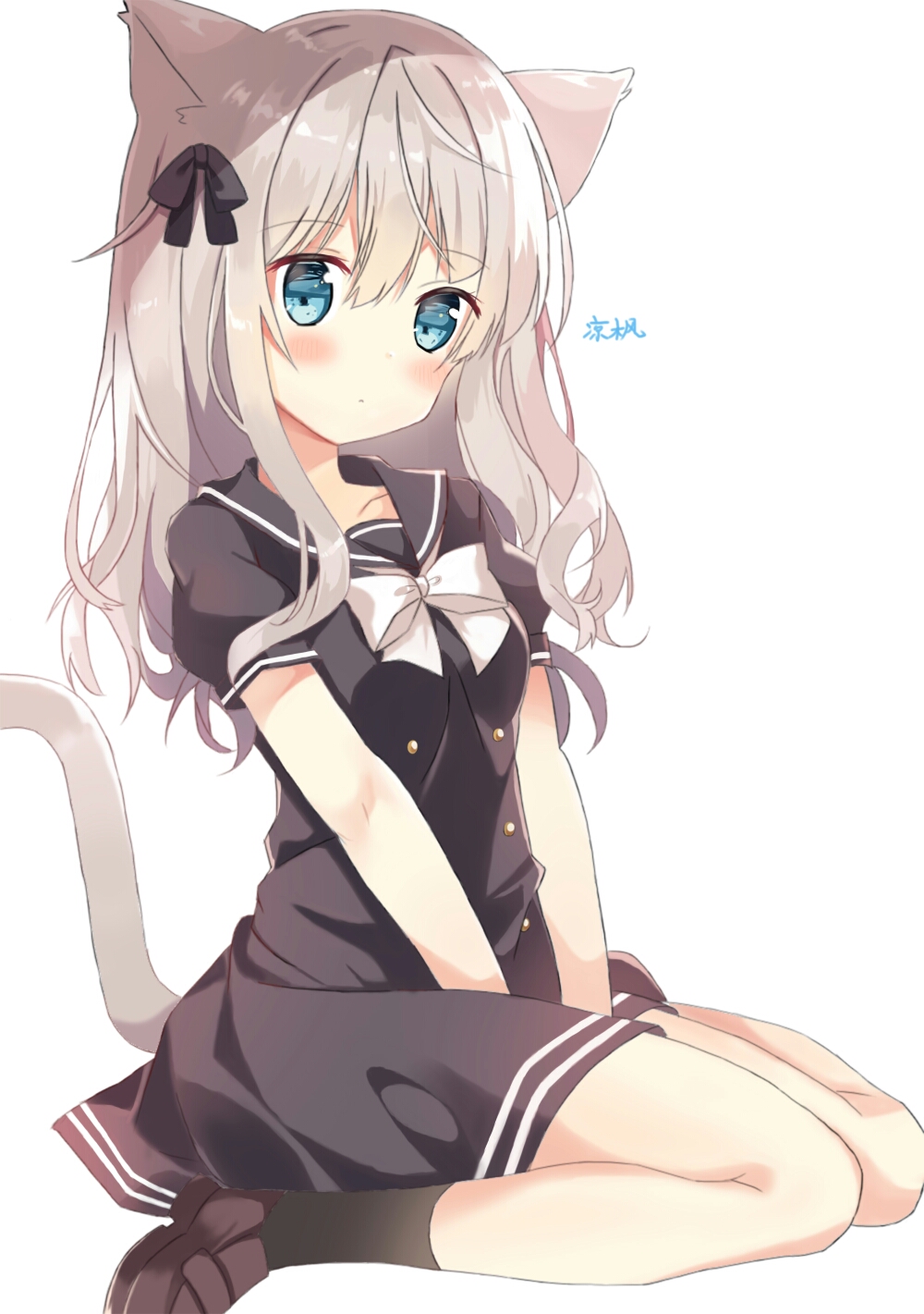 1girl, animal_ears, bangs, black_bow, black_dress, black_legwear, black_sailor_collar, blush