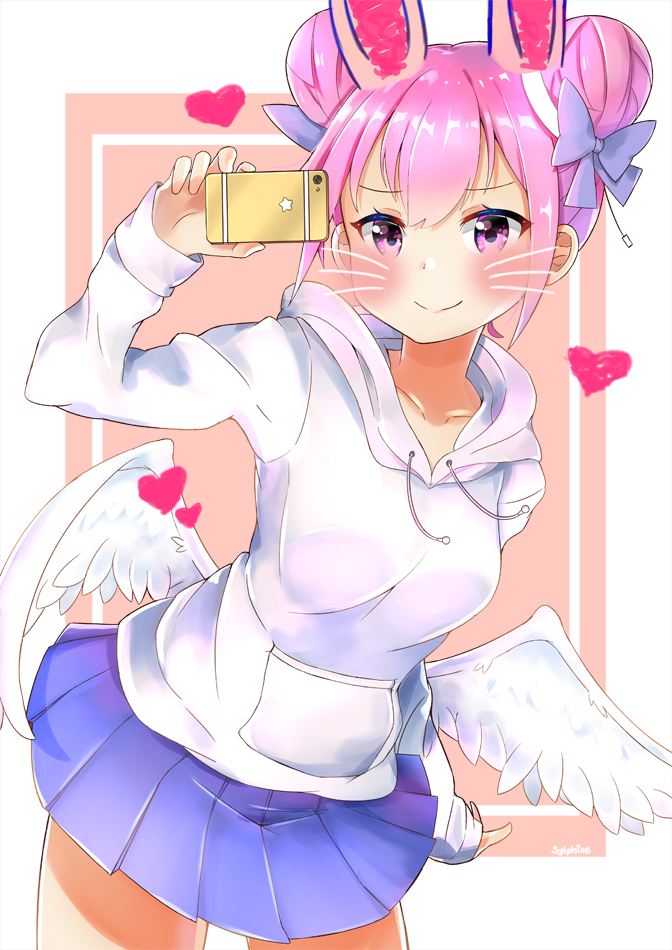 1girl, angel_wings, animal_ears, arm_up, artist_name, bangs, blue_skirt, blush, borrowed_character, bow, breasts, cellphone, closed_mouth, dadadada_tenshi, double_bun, eyebrows_visible_through_hair, feathered_wings, hair_between_eyes, hair_bow, heart, holding, holding_cellphone, holding_phone, hood, hood_down, hoodie, long_sleeves, low_wings, medium_breasts, original, phone, pink_eyes, pink_hair, pleated_skirt, purple_bow, side_bun, sidelocks, skirt, sleeves_past_wrists, smile, solo, star, sylphine, whiskers, white_hoodie, white_wings, wings