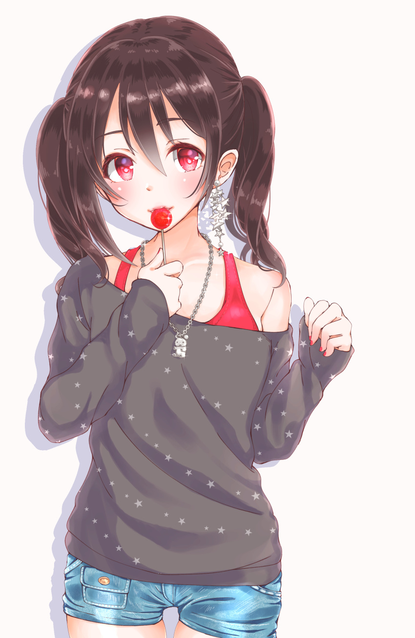 1girl, absurdres, bangs, black_shirt, blush, bra, candy, clenched_hand