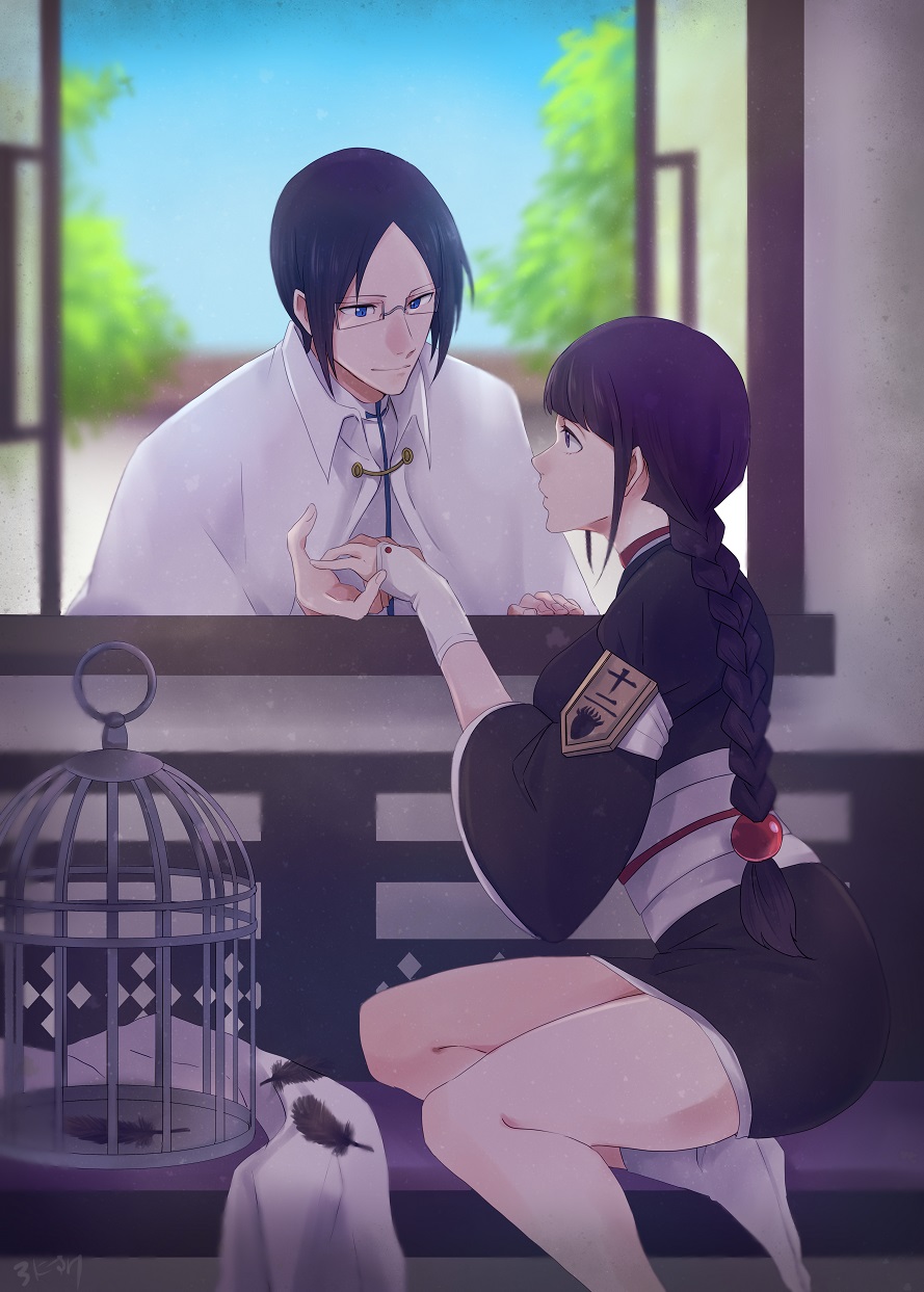 1boy, 1girl, arm_warmers, armband, badge, birdcage, black_hair, bleach
