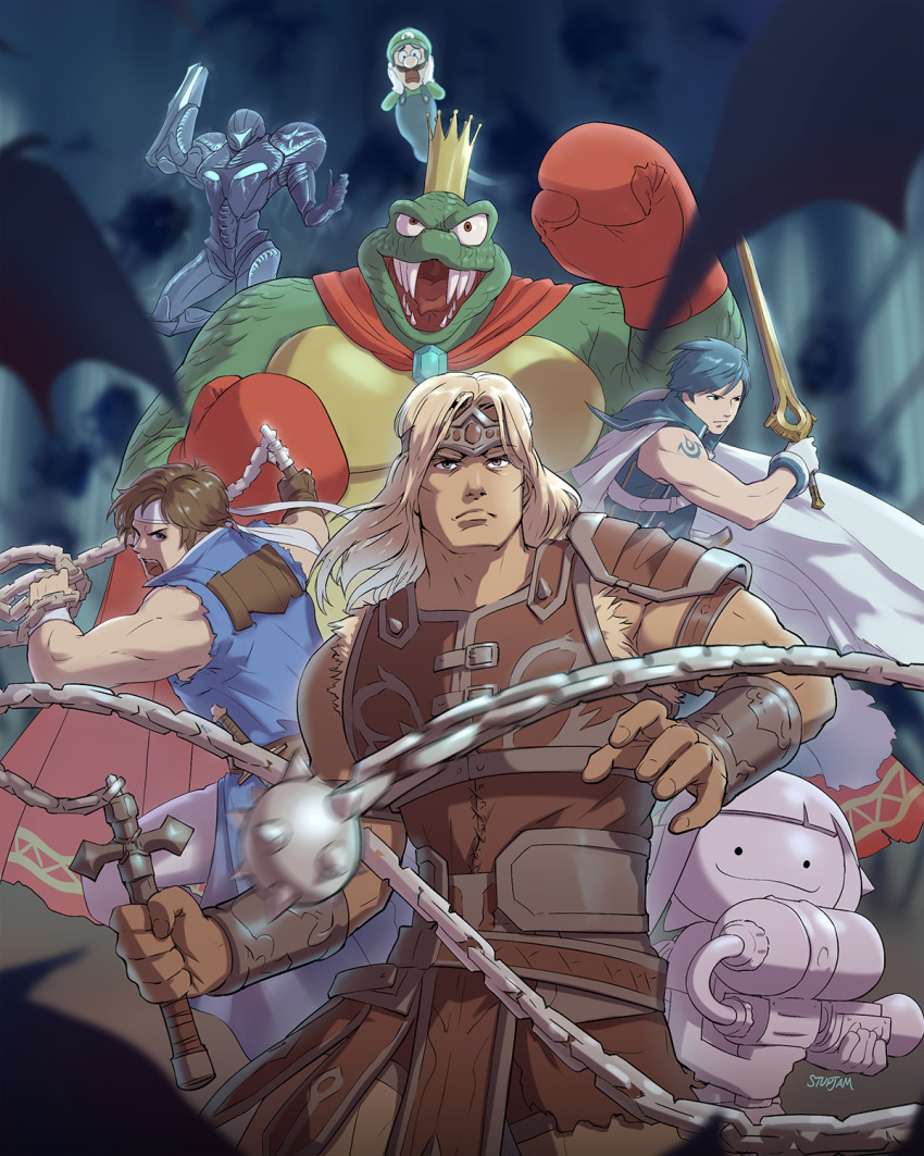 4boys, arm_cannon, blonde_hair, boxing_gloves, bracer, brown_hair, cape, castlevania