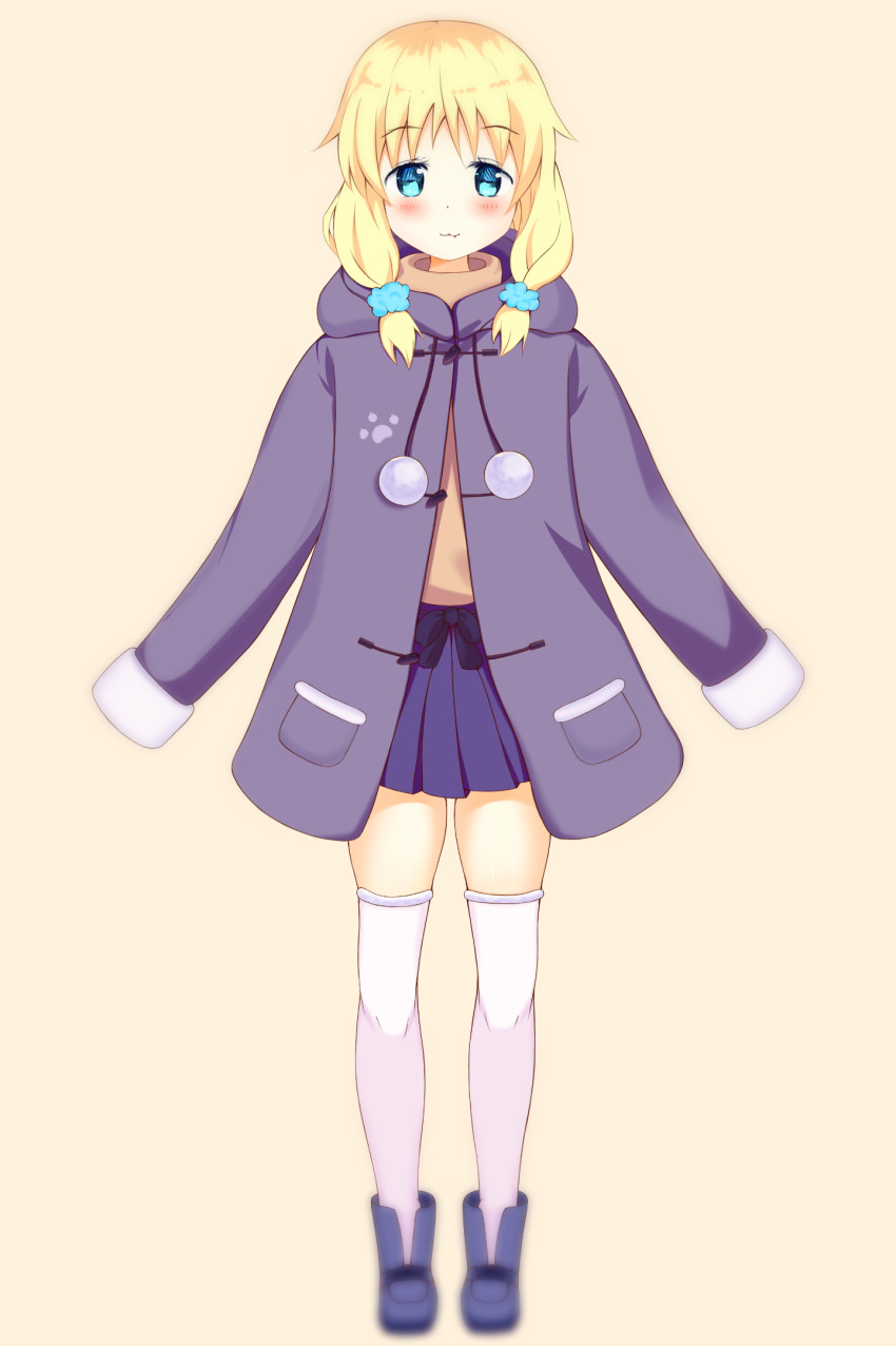 1girl, :3, bangs, black_bow, blonde_hair, blue_eyes, blue_footwear, blue_scrunchie