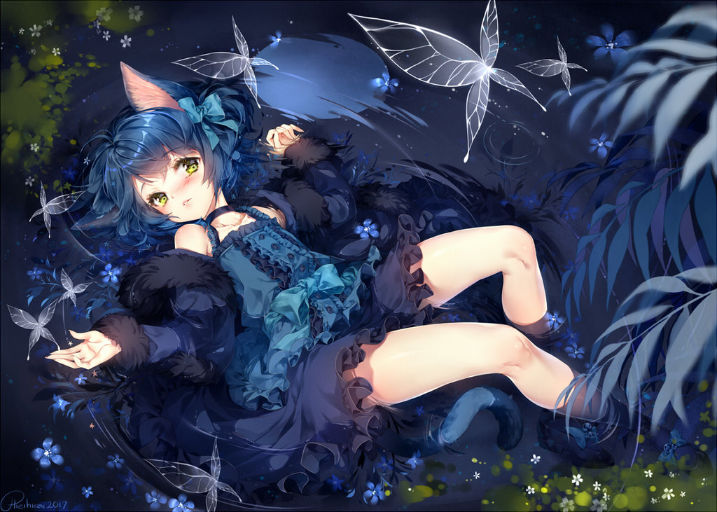 1boy, ahoge, animal_ears, bangs, bare_legs, bare_shoulders, black_hair, blue_dress