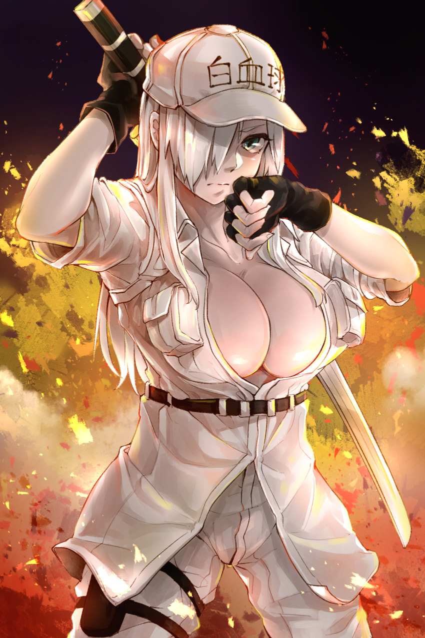 1girl, baseball_cap, belt, black_gloves, breast_pocket, breasts, cleavage, employee_uniform, fingerless_gloves, gloves, hair_over_one_eye, hat, hataraku_saibou_black, highres, holster, large_breasts, long_hair, looking_at_viewer, no_bra, pants, pocket, solo, sword, thigh_holster, u-0001, uniform, weapon, white_hair