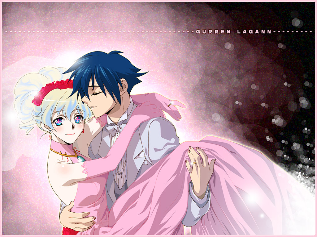 1girl, blue_hair, blush, bridal_veil, bride, carry, carrying, couple, dress, elbow_gloves, gloves, happy, jewelry, married, nia_teppelin, princess_carry, ring, simon, smile, tengen_toppa_gurren_lagann, tsumiki, vail, veil, wedding, wedding_band, wedding_dress, yukimitsuki