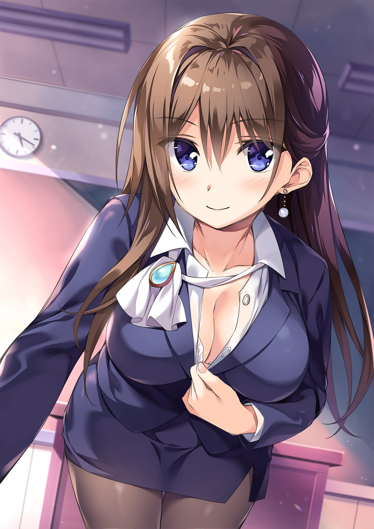 1girl, bent_over, blue_eyes, blue_jacket, blue_skirt, boku_no_kanojo_sensei, breasts, brown_hair