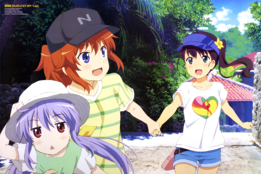 3girls, :d, absurdres, artist_name, black_hat, blue_eyes, blue_hat, blue_shorts, brown_hair, collarbone, day, eyebrows_visible_through_hair, floating_hair, flower, green_eyes, hair_between_eyes, hair_flower, hair_ornament, hair_ribbon, hand_holding, hand_on_headwear, hat, heart, heart_print, highres, koshigaya_natsumi, long_hair, miyauchi_renge, mizusaki_kenta, multiple_girls, nizato_aoi, non_non_biyori, open_mouth, outdoors, ponytail, print_hat, print_shirt, purple_hair, red_eyes, ribbon, shiny, shiny_hair, shirt, short_shorts, short_sleeves, shorts, side_ponytail, smile, striped, striped_shirt, wallpaper, white_hat, white_shirt, yellow_flower, yellow_ribbon, yellow_shirt