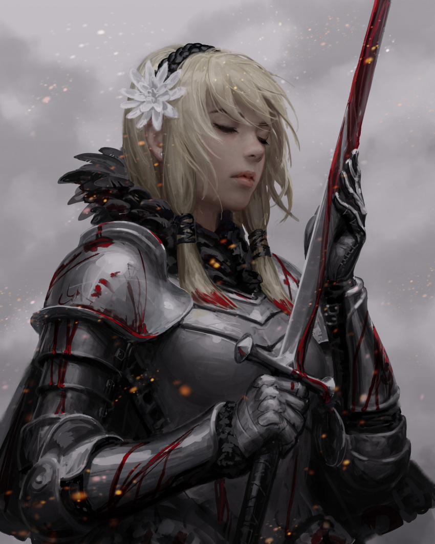 1girl, absurdres, armor, blonde_hair, blood, bloody_hair, bloody_weapon, closed_eyes