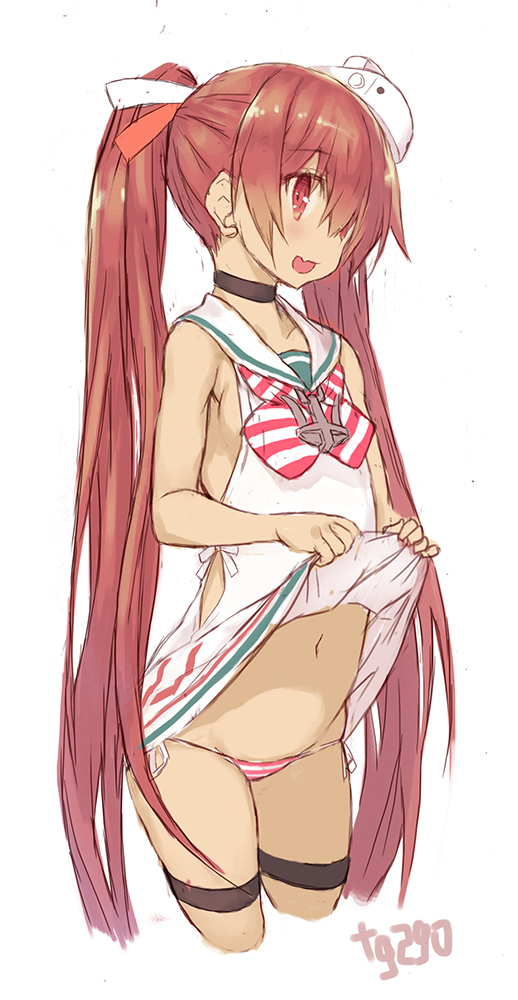 1girl, bad_anatomy, brown_eyes, brown_hair, dress, dress_lift, fang, goekawa