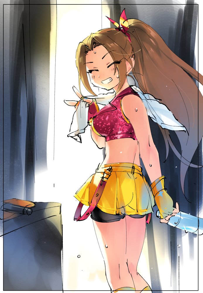 1girl, ^_^, aino_nagisa, backstage, bare_arms, bike_shorts, bottle, bow, breasts, brown_hair, closed_eyes, closed_eyes, commentary, crop_top, curtains, eyebrows_visible_through_hair, facing_viewer, fingerless_gloves, from_behind, gloves, grin, hair_bow, idol, idolmaster, idolmaster_cinderella_girls, long_hair, long_ponytail, looking_back, medium_breasts, midriff, miniskirt, miridereningen, ponytail, skirt, sleeveless, smile, solo, suspenders_hanging, sweat, towel, v, water_bottle, yellow_gloves, yellow_skirt