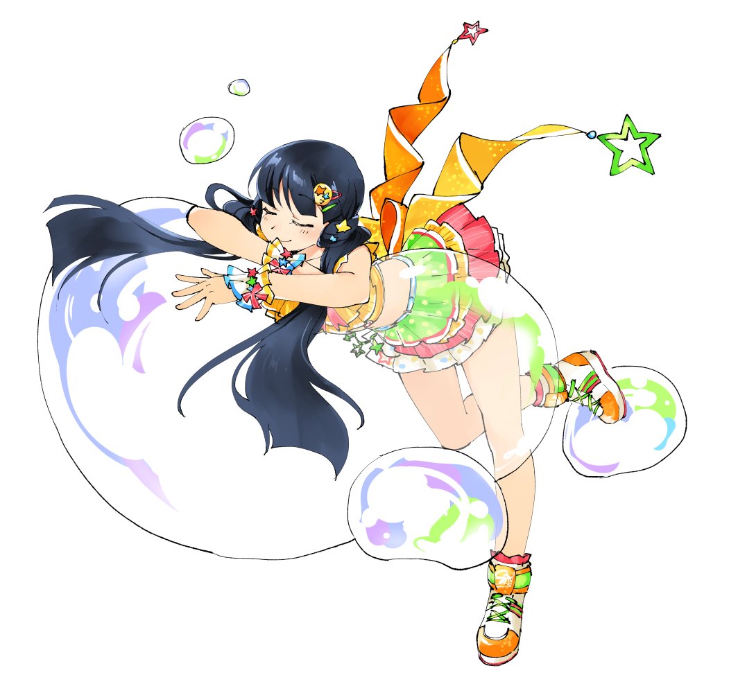 1girl, akagi_miria, akagi_miria_(cosplay), bangs, bare_legs, black_hair, blunt_bangs, bubble