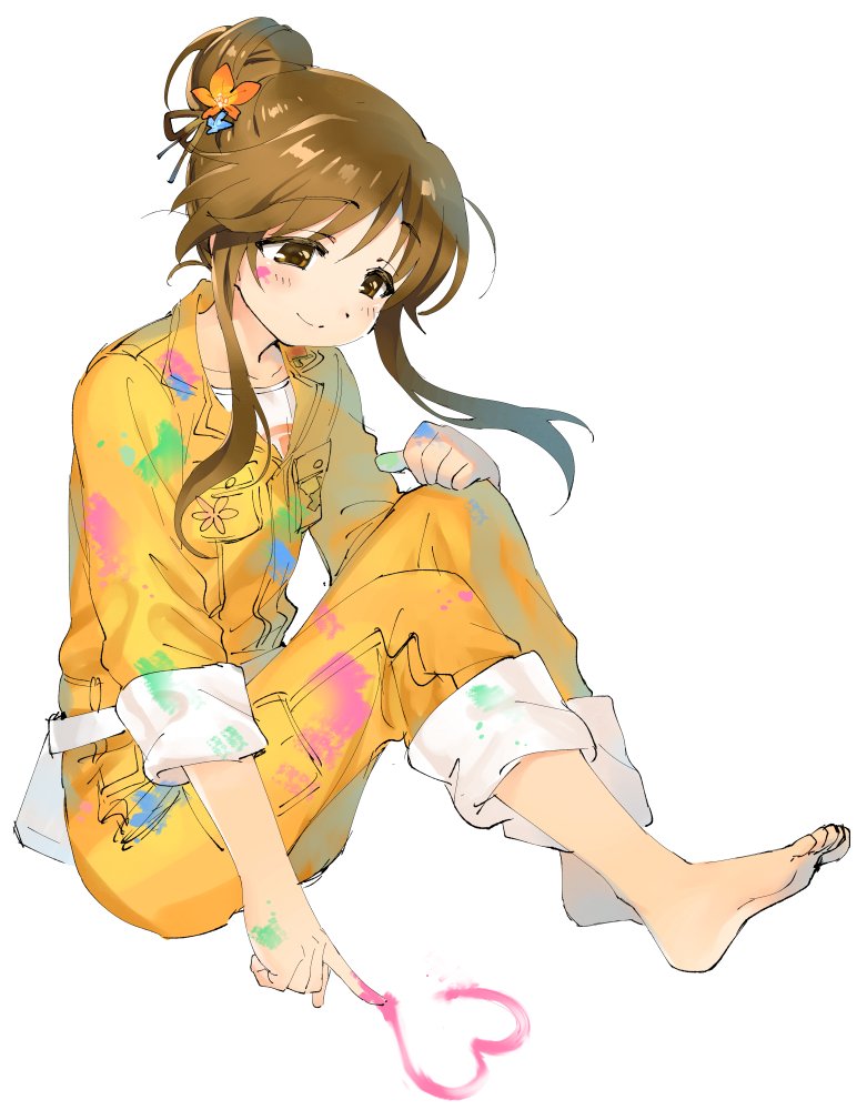1girl, bangs, barefoot, brown_eyes, brown_hair, commentary, dot_nose, eyebrows_visible_through_hair