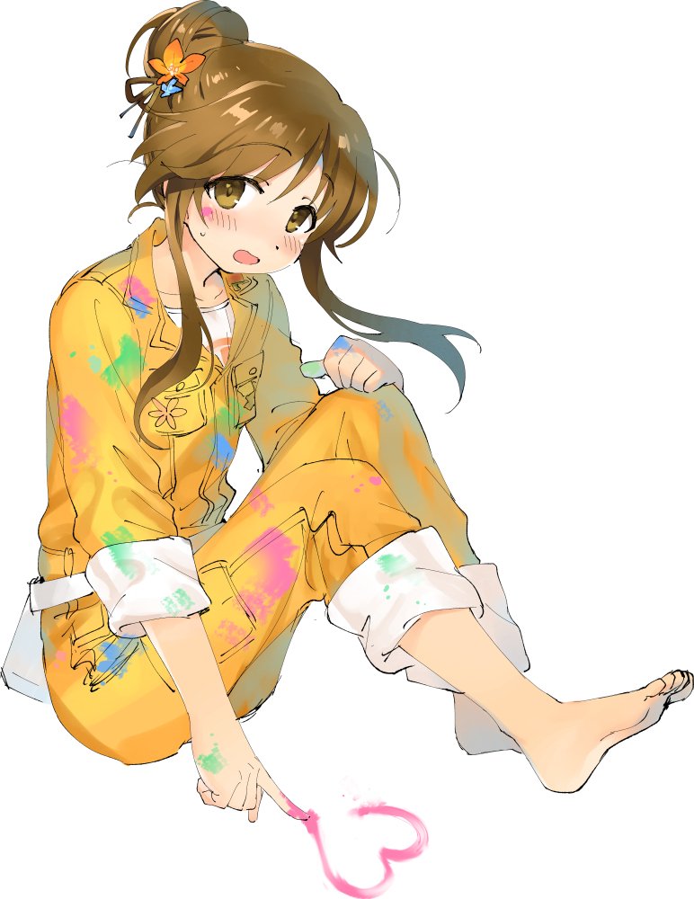 1girl, bangs, barefoot, brown_eyes, brown_hair, caught, commentary, dot_nose