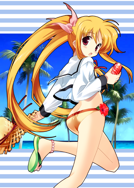 ass, bad_id, bikini, bikini_bottom, blonde_hair, coca-cola, fate_testarossa, hair_ribbon