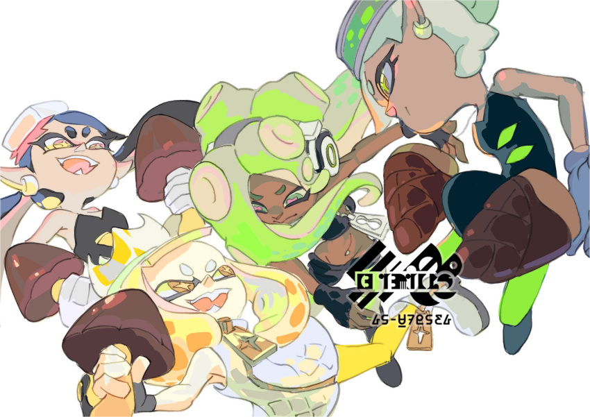 4girls, black_gloves, black_hair, callie_(splatoon), candy, cephalopod_eyes, crop_top, crown