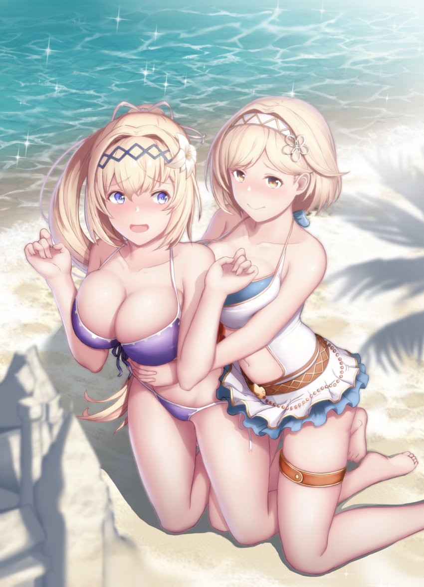 2girls, alternate_breast_size, alternate_costume, bare_shoulders, beach, bikini, bikini_skirt, blonde_hair