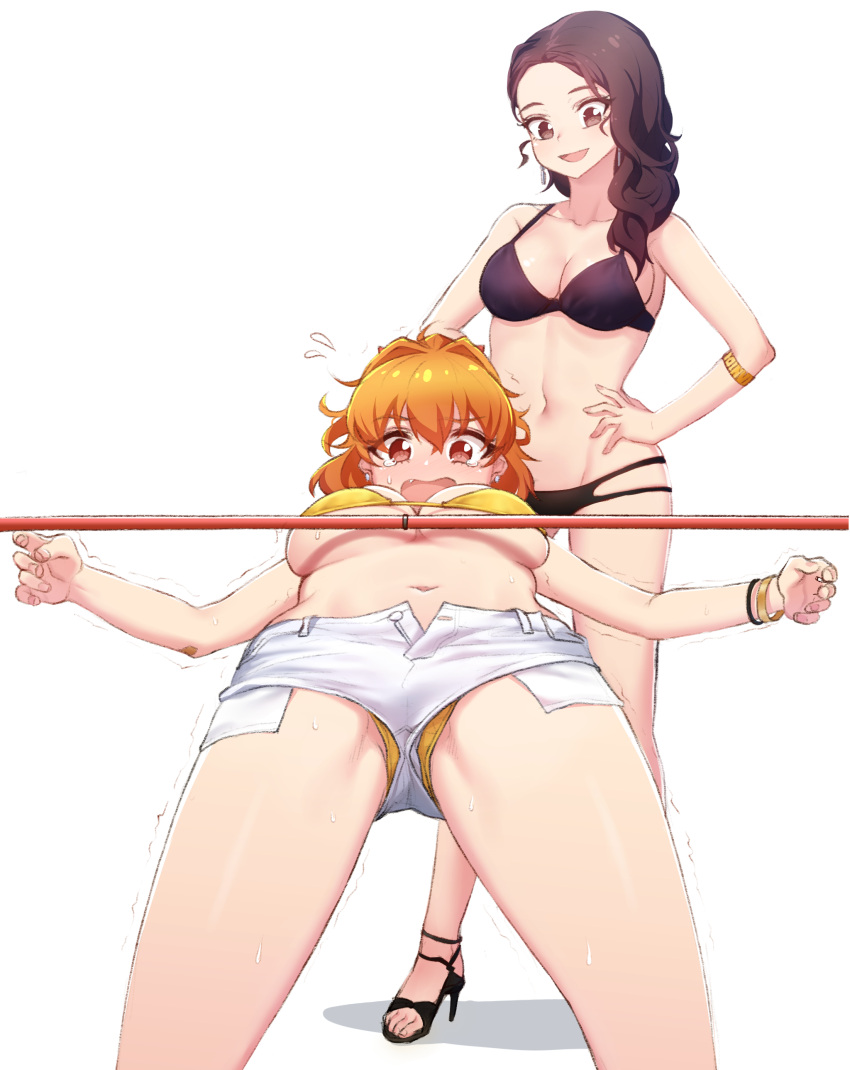 2girls, absurdres, bikini, bikini_under_clothes, bow, breasts, brown_eyes, cleavage, eyebrows_visible_through_hair, hair_bow, hair_over_shoulder, hand_on_hip, high_heels, highres, limbo, looking_at_another, medium_breasts, midriff, multiple_girls, narynn, narynn_(character), navel, orange_hair, original, ponytail, red_bow, short_shorts, shorts, simple_background, standing, swimsuit, trembling, under_boob, wavy_hair, wavy_mouth, yellow_bikini