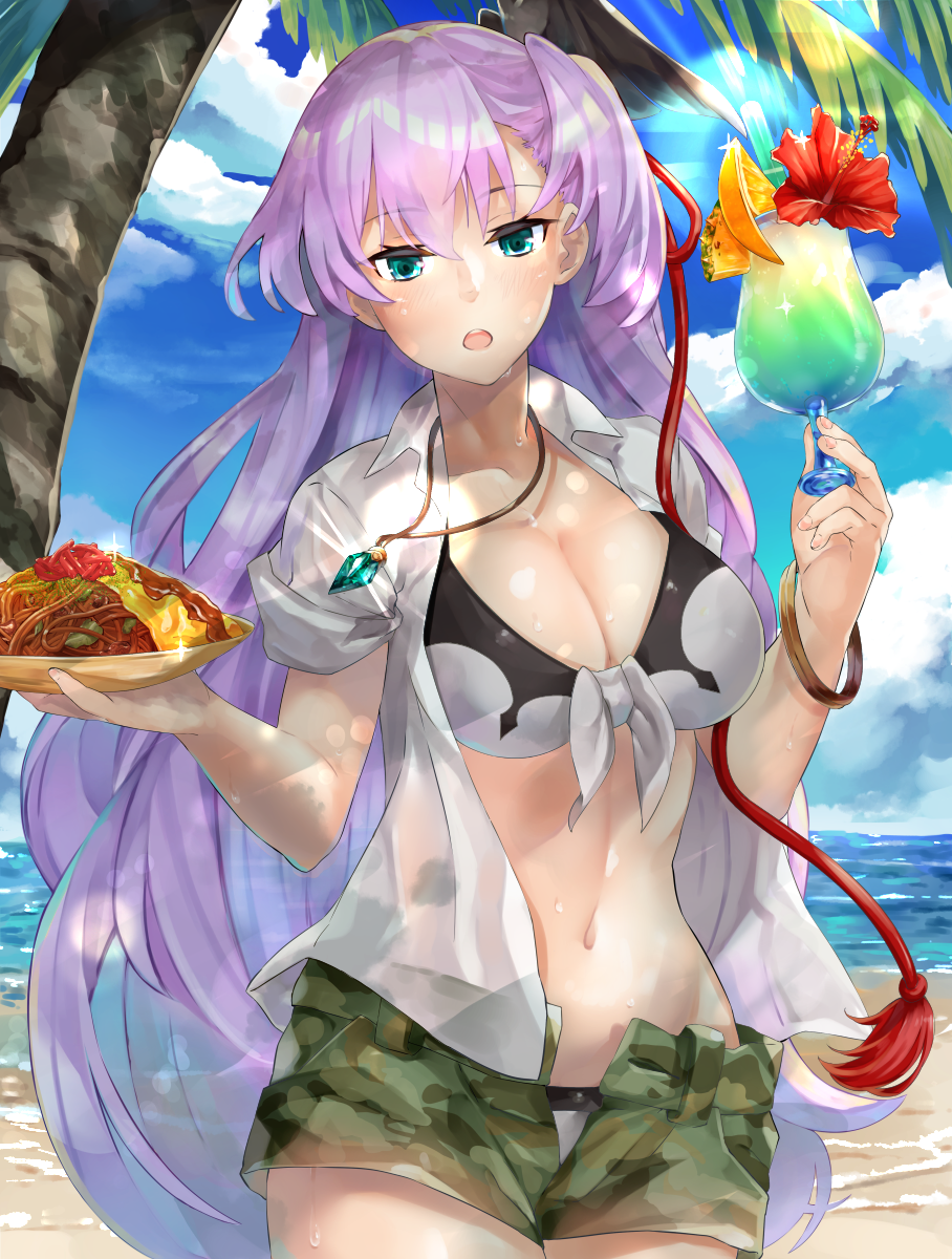 1girl, :o, alternate_costume, bangle, beach, bikini, blue_eyes, blue_sky