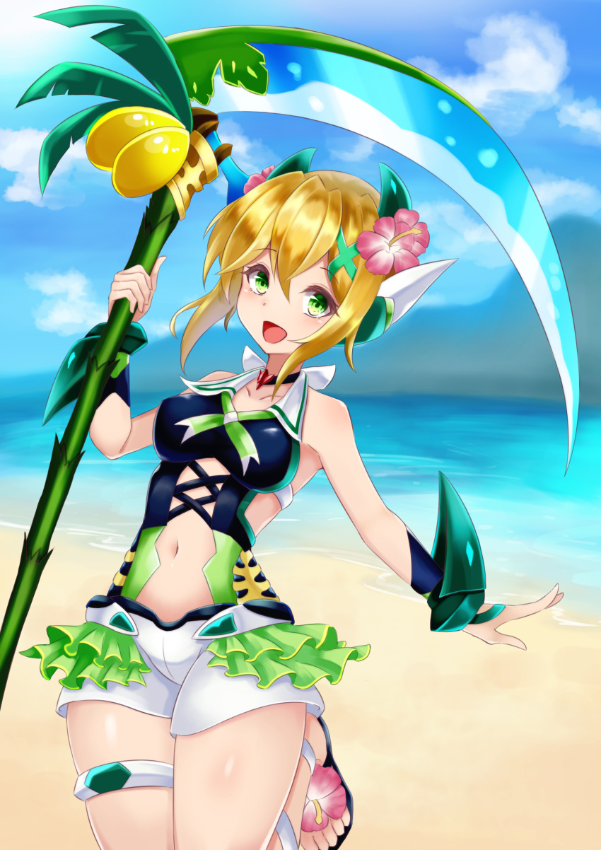 1girl, absurdres, akatsuki_kirika, bare_shoulders, beach, blonde_hair, blush, carpathiyo