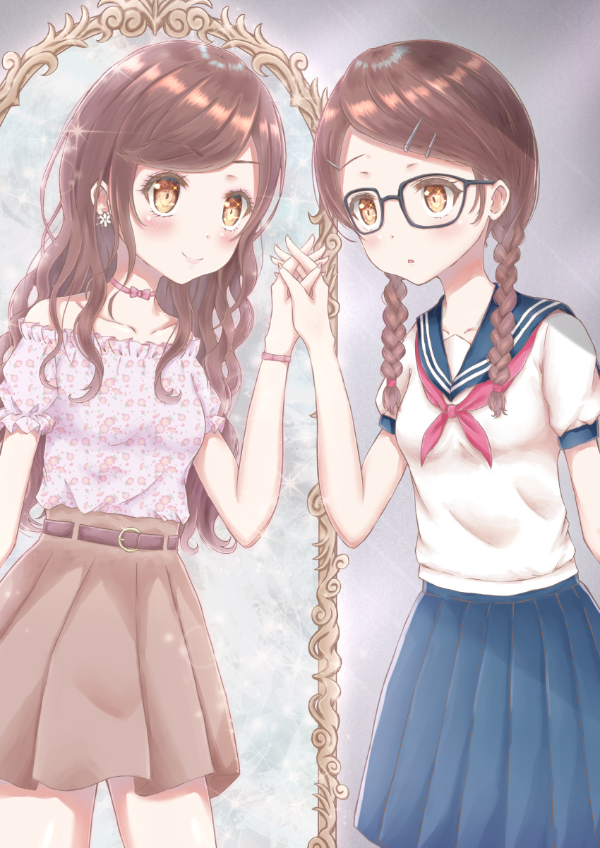 1girl, bare_shoulders, belt, black-framed_eyewear, blue_skirt, blush, braid, brown_hair, brown_skirt, different_reflection, dual_persona, earrings, fingernails, floral_print, flower_earrings, glasses, hair_down, hair_ornament, hairpin, hand_holding, highres, jewelry, kirameki_no_hiroto, long_hair, mirror, off-shoulder_shirt, off_shoulder, original, pink_shirt, pleated_skirt, reflection, school_uniform, serafuku, shirt, short_sleeves, skirt, through_mirror, twin_braids, wavy_hair, yellow_eyes