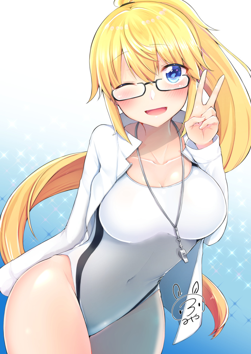 1girl, bespectacled, black-framed_eyewear, blonde_hair, blue_background, blue_eyes, bunsai, competition_swimsuit