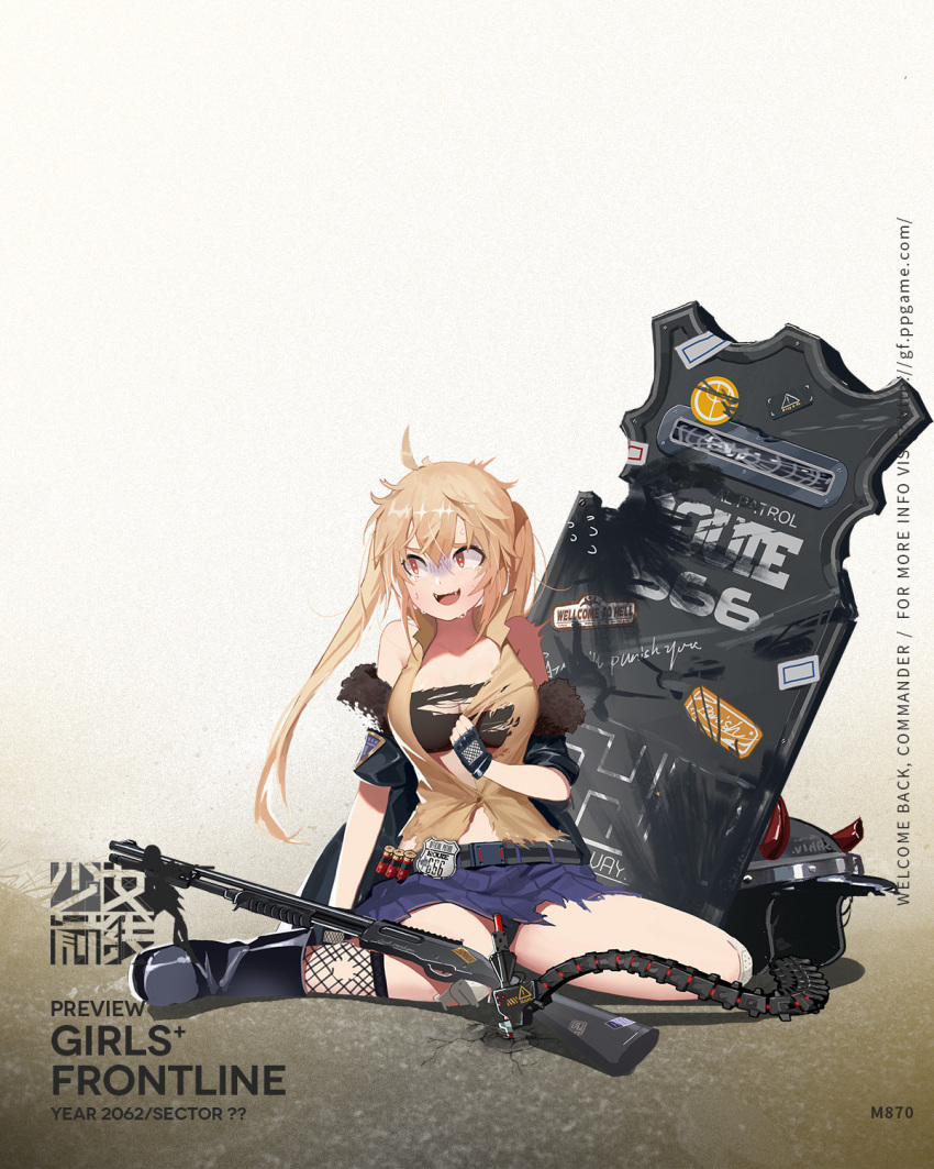 1girl, 666, :d, ahoge, ankle_boots, awkward, badge, bandaid