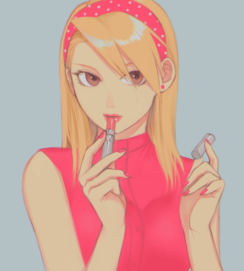 1girl, applying_makeup, blonde_hair, brown_eyes, close-up, earrings, eyelashes, fingernails