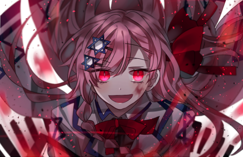 1girl, artist_request, blood, blood_on_face, bloody_clothes, bow, bowtie, braid
