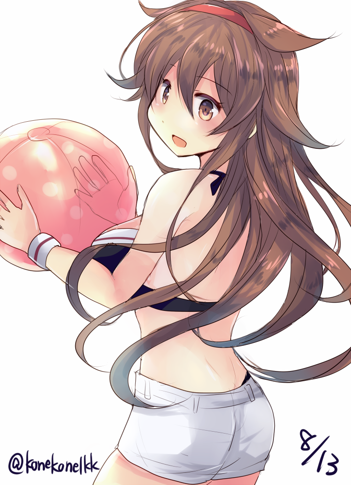 1girl, ass, ball, beachball, bikini, bikini_top, bikini_under_clothes, blush