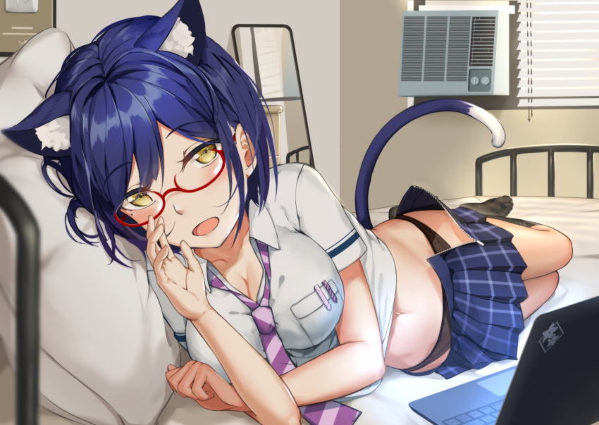 1girl, air_conditioner, animal_ears, black_legwear, black_panties, blouse, blue_hair, blue_skirt, blurry, blush, breasts, cat_ears, cat_tail, commentary, computer, depth_of_field, eyebrows_visible_through_hair, full_body, highres, indoors, kneehighs, laptop, large_breasts, looking_at_viewer, loose_skirt, lu", lying, mirror, mole, mole_under_eye, navel, necktie, nijisanji, on_bed, on_side, open_mouth, panties, pillow, plaid, plaid_skirt, pleated_skirt, purple_neckwear, red-framed_eyewear, school_uniform, semi-rimless_eyewear, shizuka_rin, short_hair, shutter, skirt, solo, striped_neckwear, tail, under-rim_eyewear, underwear, unzipped, virtual_youtuber, white_blouse, white_pillow, yellow_eyes, youtube