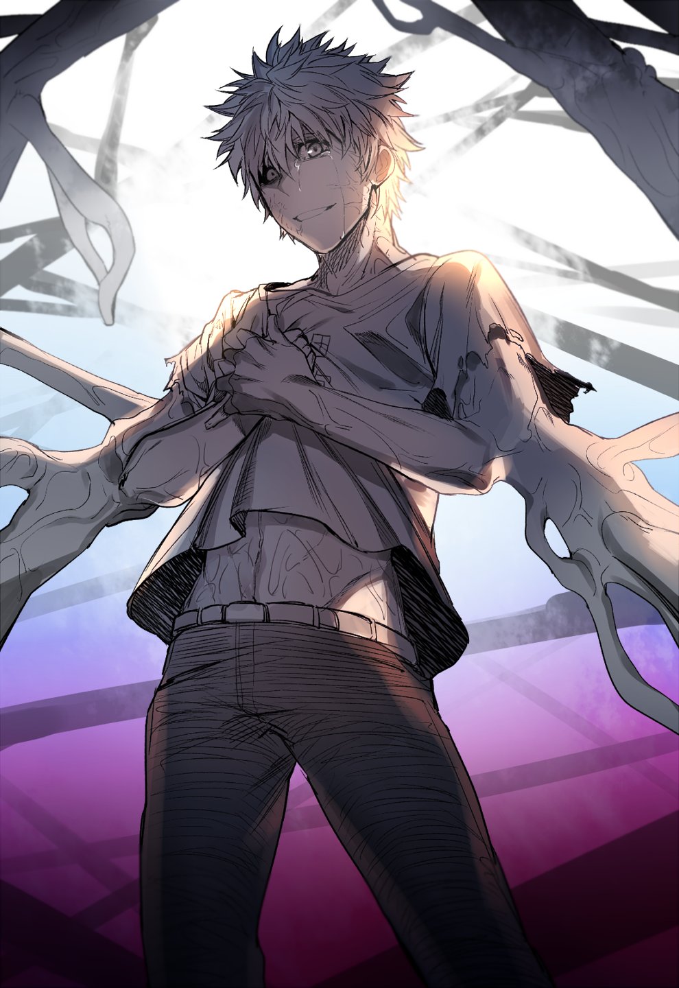 1boy, adonis_belt, belt, black_sclera, cancer_cell_(hataraku_saibou), hands_on_own_chest, hataraku_saibou, highres, looking_at_viewer, male_focus, pants, shirt, smile, solo, spiky_hair, t-shirt, tears, torn_clothes, torn_sleeves, tsunami_(sorudora)