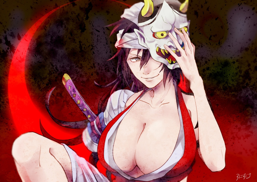 1girl, amputee, bandage, black_hair, bleach, breasts, cleavage, collarbone