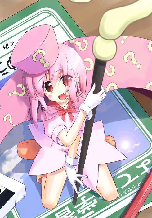 benesse, fang, hat, hatena_yousei, pink_hair, red_eyes, ribbon, ribbons