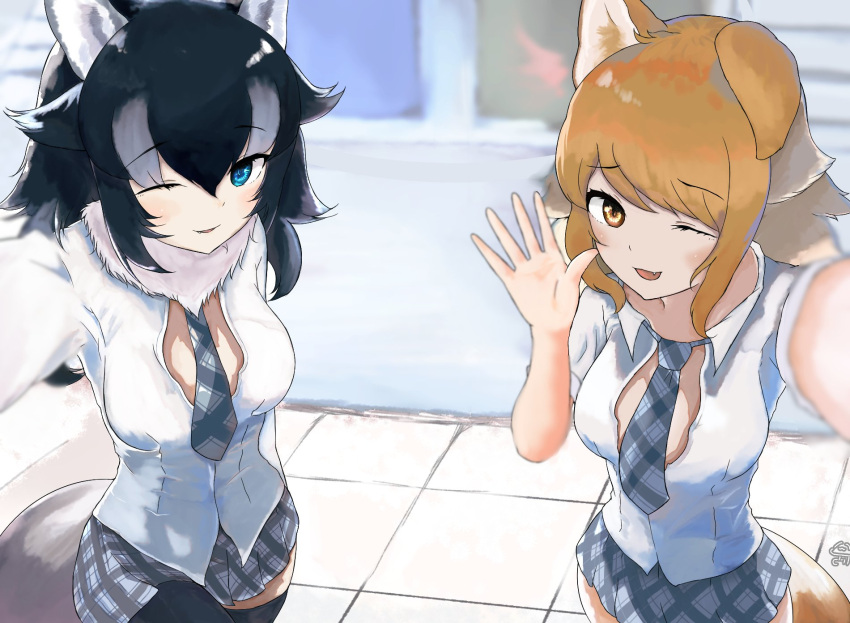 2girls, alternate_costume, animal_ears, black_hair, blue_eyes, brown_eyes, brown_hair, collared_shirt