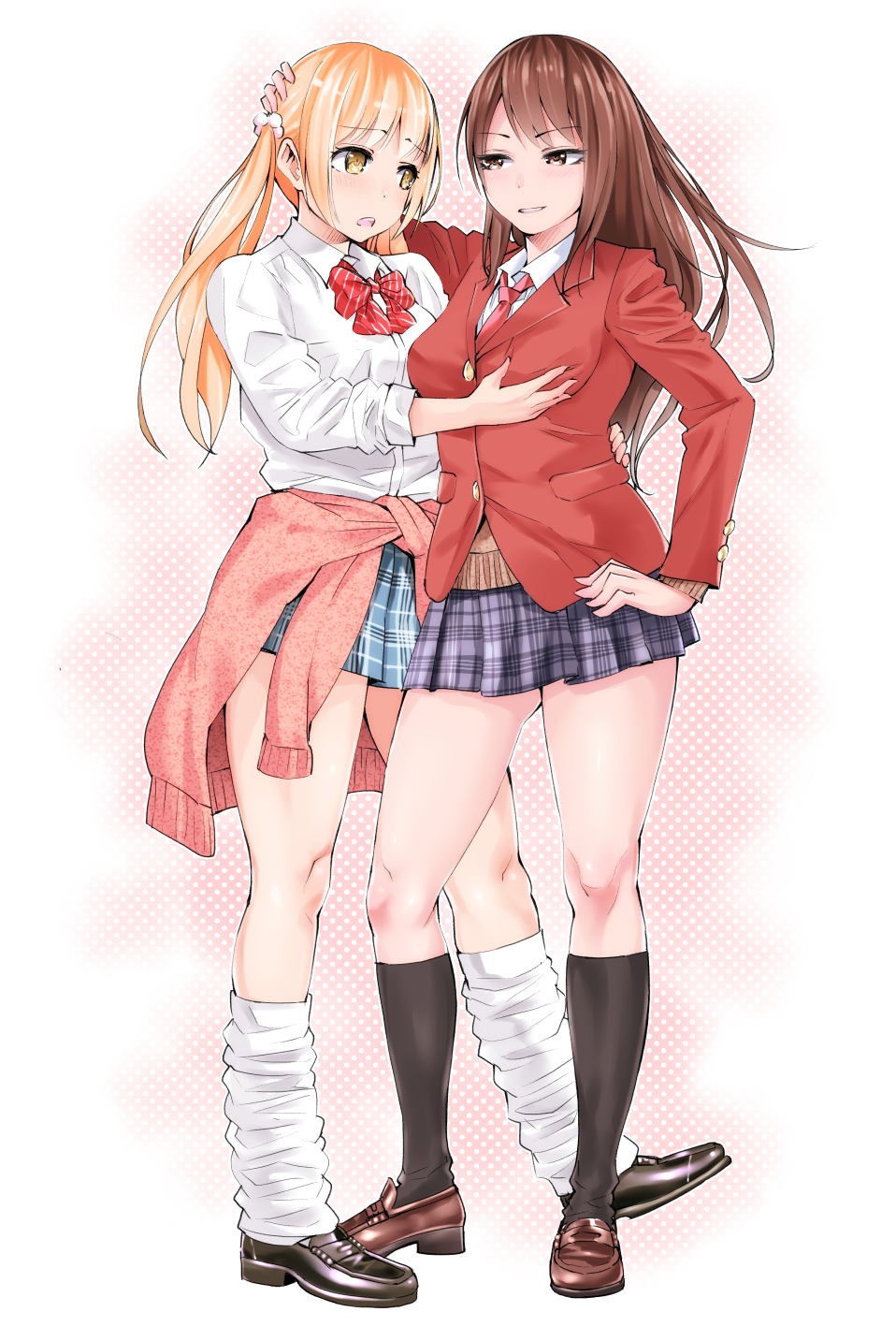 2girls, :o, black_footwear, black_legwear, blonde_hair, blue_skirt, breast_grab, brown_eyes, brown_footwear, brown_hair, eye_contact, grabbing, hair_bobbles, hair_ornament, hand_on_head, hand_on_hip, highres, huridog, jacket, kneehighs, loafers, long_hair, looking_at_another, loose_socks, multiple_girls, necktie, original, plaid, plaid_skirt, polka_dot, polka_dot_background, red_jacket, red_neckwear, school_uniform, shirt, shoes, skirt, standing, striped_neckwear, twintails, white_legwear, white_shirt, yellow_eyes, yuri