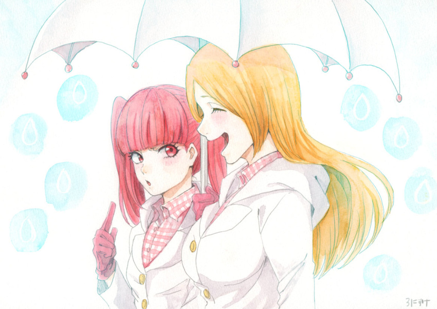2girls, :o, bleach, blush, breasts, closed_eyes, dokugamine_riruka, gloves