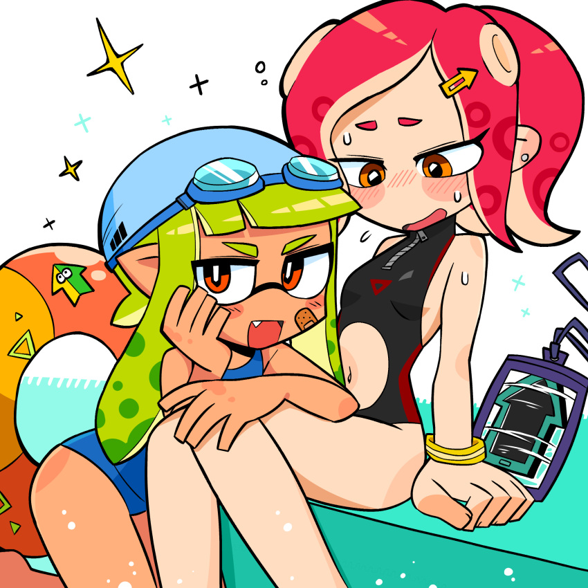:d, agent_8, bandaid, bandaid_on_face, bare_shoulders, black_swimsuit, blush, breasts, directional_arrow, directional_arrow_hair_ornament, earrings, fang, flying_sweatdrops, green_hair, hair_ornament, highres, inkling, innertube, jewelry, lkll, long_hair, navel, navel_cutout, no_nose, octarian, octoling, one-piece_swimsuit, open_mouth, orange_eyes, pointy_ears, redhead, short_hair, simple_background, sitting, small_breasts, smile, sparkle, splatoon, splatoon_2, splatoon_2:_octo_expansion, sweat, swimsuit, tentacle_hair, white_background