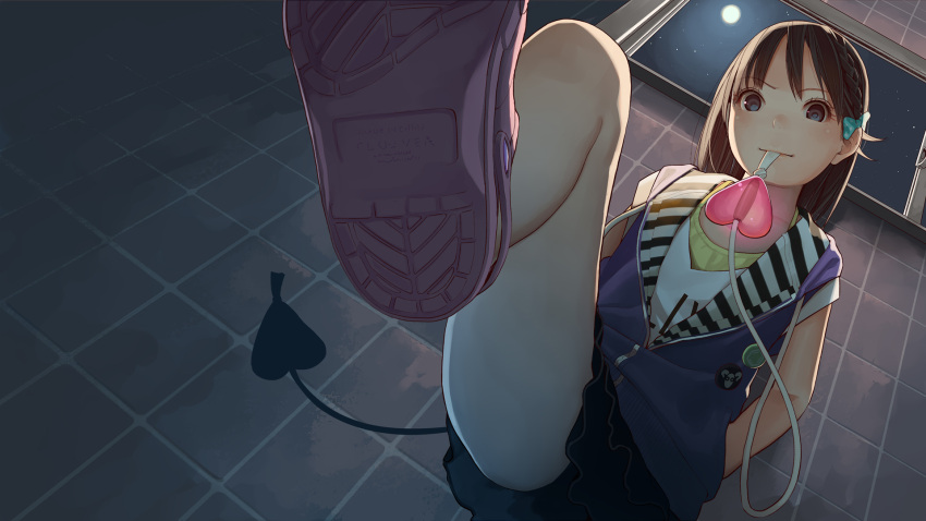 1girl, arms_behind_back, badge, black_eyes, black_skirt, bow, braid, brown_hair