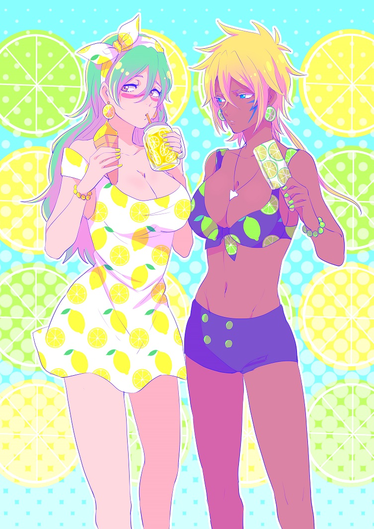 2girls, bikini_shorts, bleach, blonde_hair, blue_eyes, bracelet, breasts, brown_eyes, cleavage, collarbone, cup, dark_skin, dress, drinking, drinking_straw, earrings, facial_mark, food, food_themed_earrings, green_hair, green_nails, hairband, ice_cream_cone, jewelry, large_breasts, lemon_earrings, lemon_print, lime_earrings, lime_print, long_hair, looking_at_another, looking_at_viewer, multiple_girls, nail_polish, necklace, nelliel_tu_odelschwanck, popsicle, ronisuke, short_dress, shorts, tier_harribel, yellow_nails